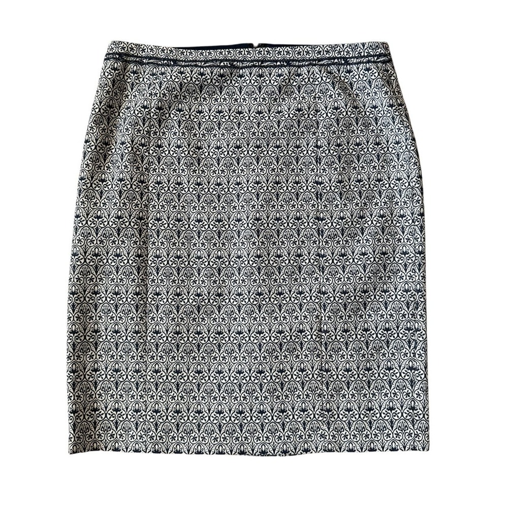 Tory Burch Blue White Jacquard Floral Pencil Skirt Lined Size 10 $275 MSRP